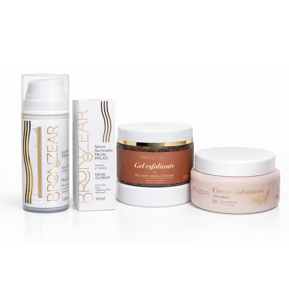 Kit Sérum Iluminador Facial + Creme Hidratante + Gel Esfoliante 300g + Iluminador Tom Perolado - Bronzear HN
