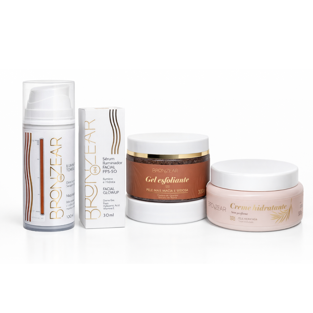 Kit Sérum Iluminador Facial + Creme Hidratante + Gel Esfoliante 300g + Iluminador Tom Bronze - Bronzear HN